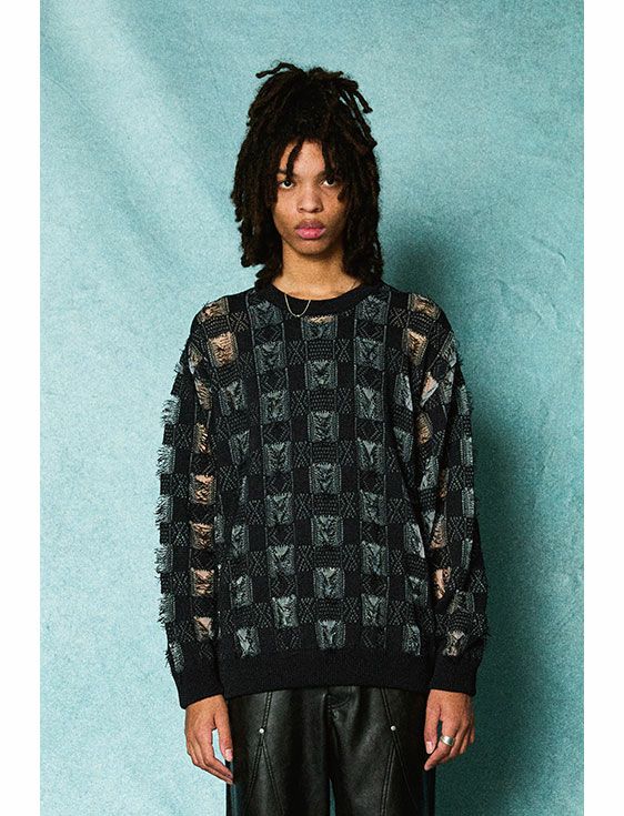 TAUPE/トープ/CUT OFF PLAID JQ CREW KNIT/BLACK/ブラック